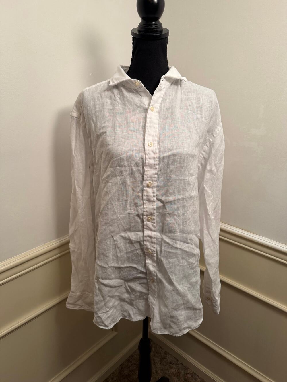 Charles Tyrwhitt Mens 100% Linen Long-Sleeve Button-Down Shirt White Resort Wear